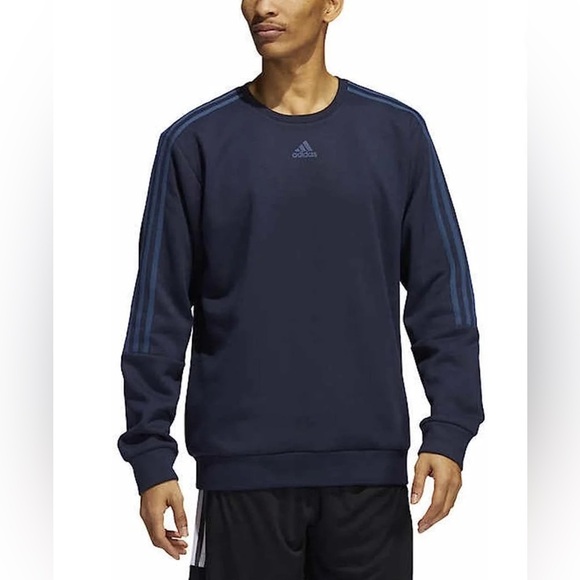 Adidas Men’s sz L Long Sleeve 3 Stripe Fleece Crew Sweatshirt Pullover Navy Blue - Picture 1 of 6
